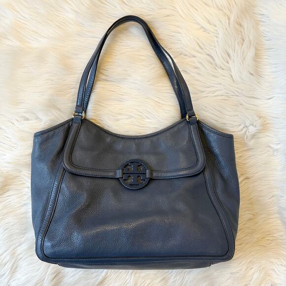 Tory Burch Amanda Pebbled Leather Easy Tote Bag Shoulder Bag Night Sky Blue - Picture 1 of 10